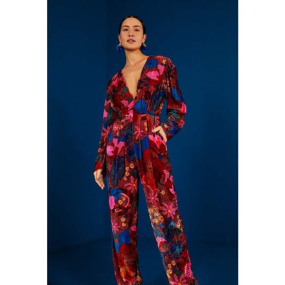 Farm rio snake garden red velour floral bright jumpsuit long sleeve winter S - Picture 4 of 14